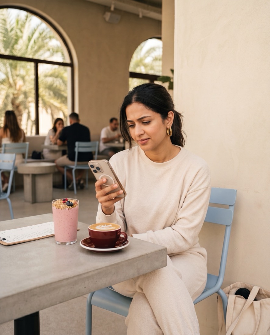 A woman checking her phone over a café breakfast