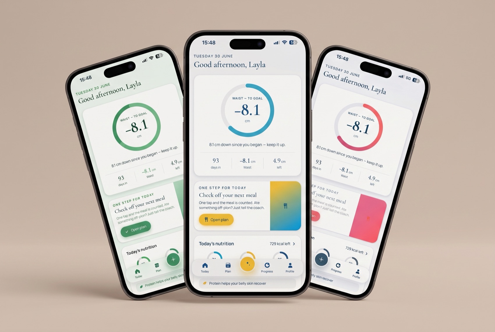 The same app shown in three studios' brand colours